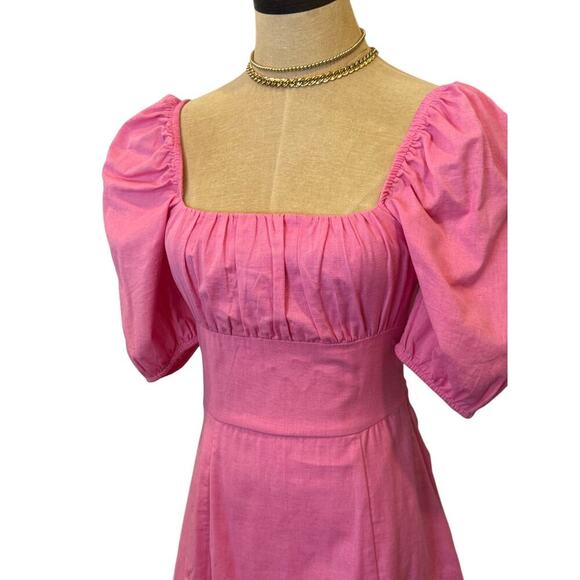 DIVIDED H&M Pink Puff sleeve Cotton/Linen Dress size XS - Picture 2 of 8